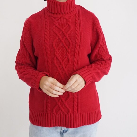 Eddie Bauer Red Knit Cotton Blend Cable Knit Fisherman Turtleneck Sweater Xl - Picture 2 of 10